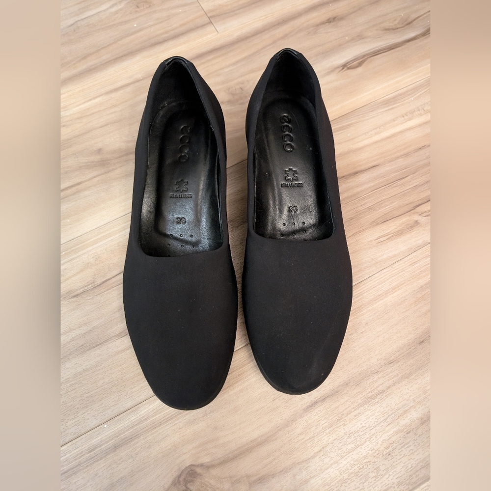 ECCO Felicia Stretch Slip-On Wedge Loafers – Black Leather – Size 38